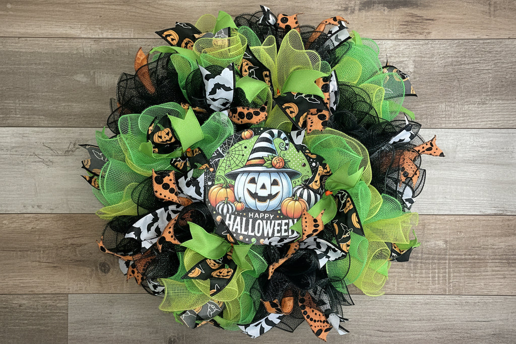 Halloween wreath with green, black, and orange decorations on a white background