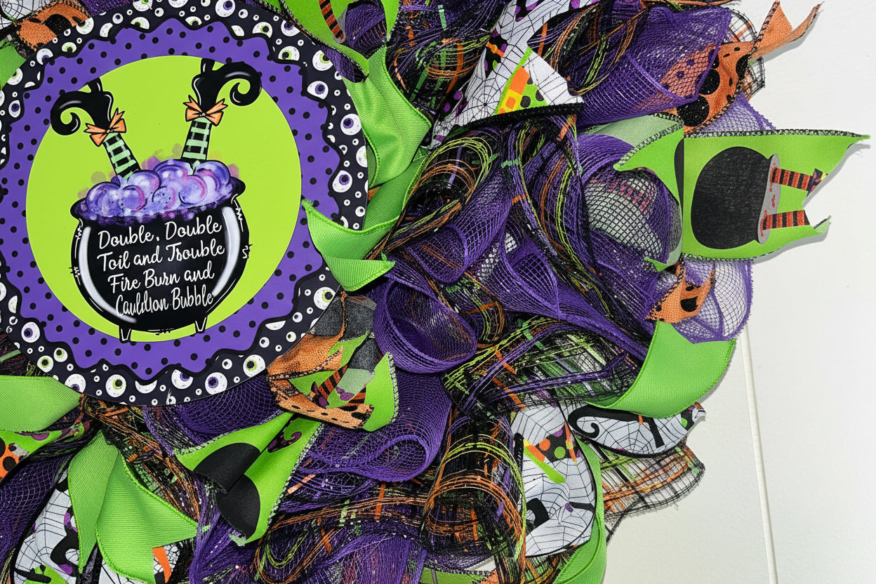 Colorful Halloween-themed wreath with purple, green, and orange decorations on a white tiled wall.
