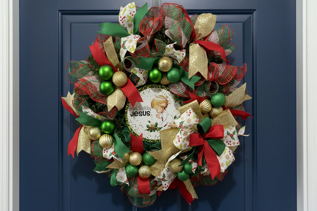 Christian Christmas Wreath – Celebrate the Birth of Jesus with Festive Red, Green & Gold Decor