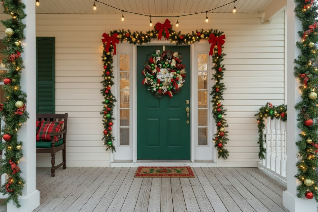 Handmade Christmas wreath on an evergreen base with deco mesh, ribbons and ornaments surrounding a "Happy Birthday Jesus" centerpiece.
