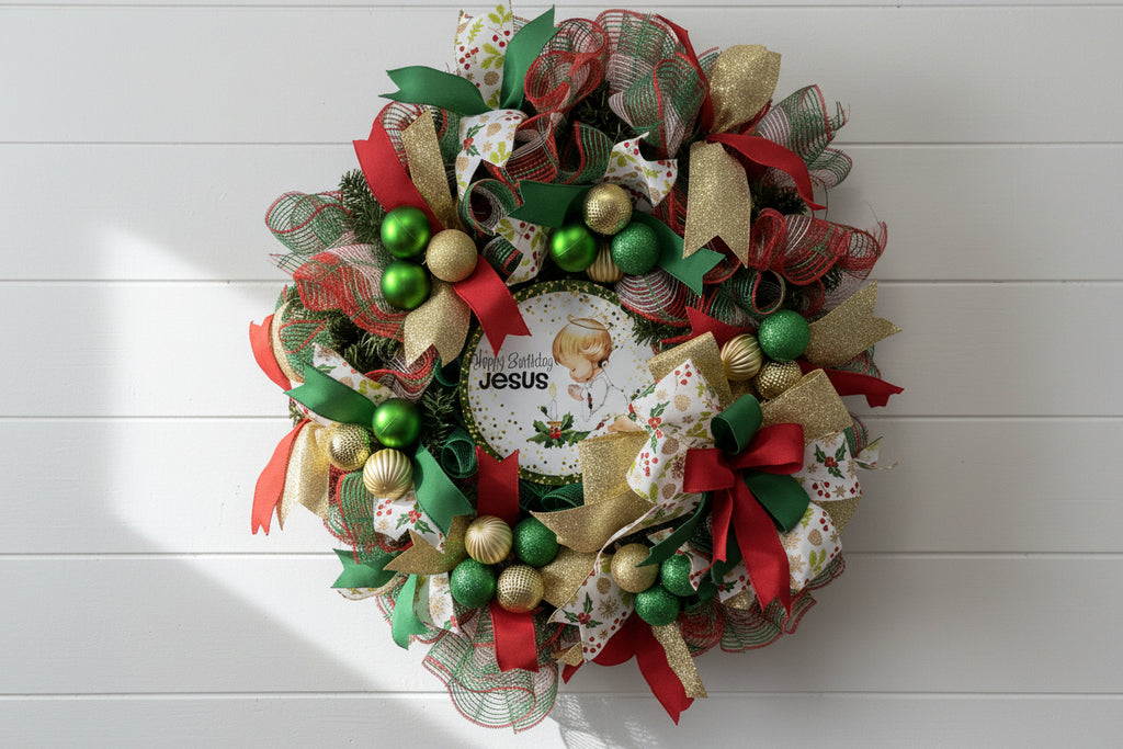 Handmade Christmas wreath on an evergreen base with deco mesh, ribbons, ornaments, and a "Happy Birthday Jesus" centerpiece.