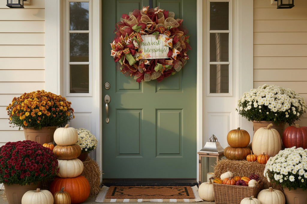 Handmade fall wreath with red, gold, and green mesh featuring a ‘Harvest Blessings’ sign, perfect for autumn and Thanksgiving front door decor.