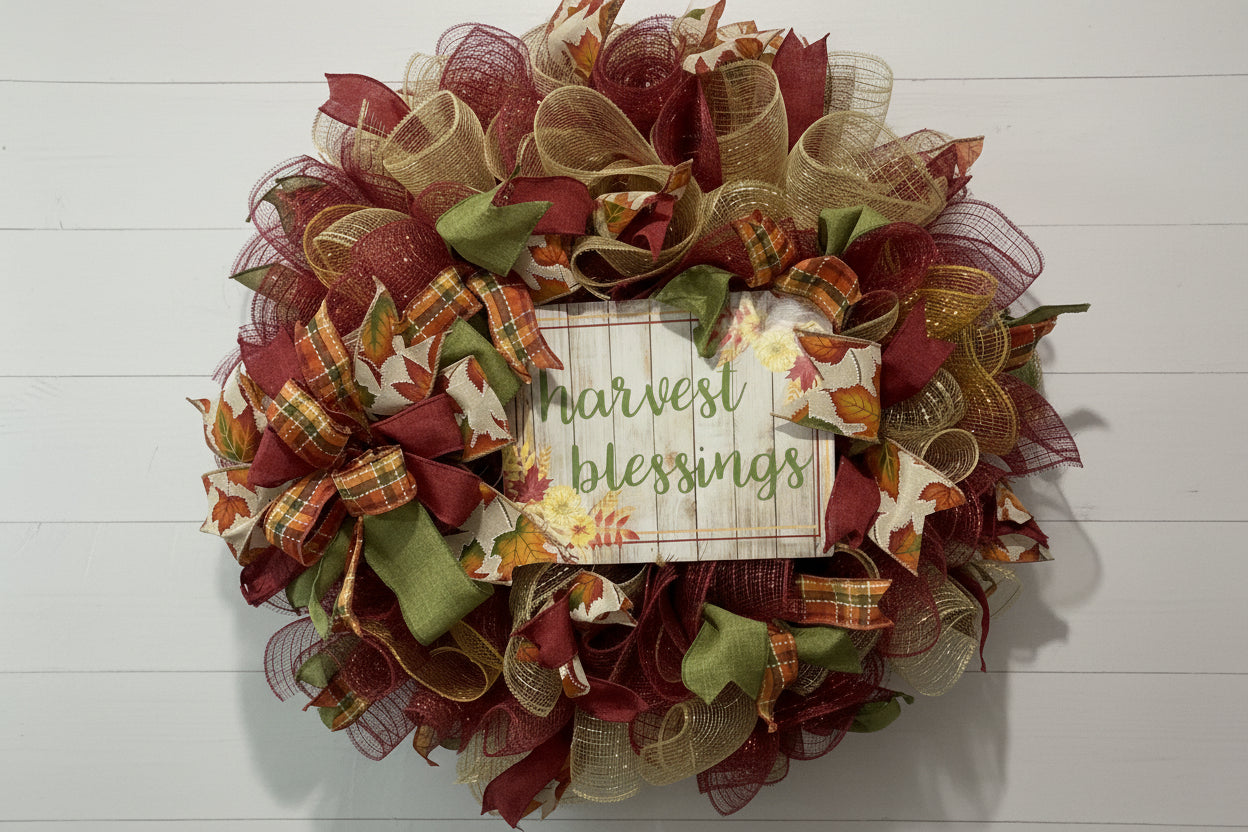 Handmade fall wreath with red, gold, and green mesh featuring a ‘Harvest Blessings’ sign, perfect for autumn and Thanksgiving front door decor.