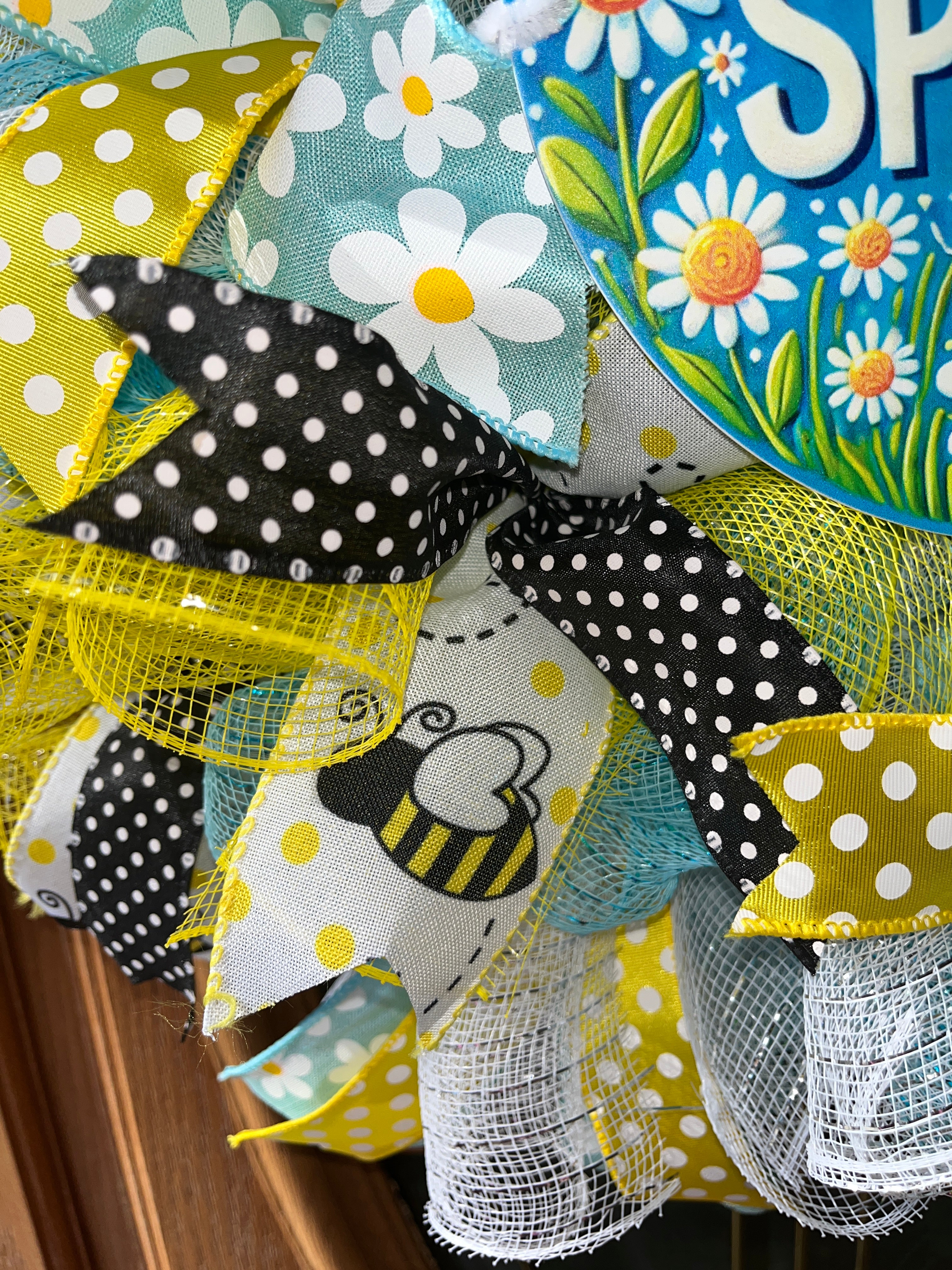 Colorful decorative mesh and ribbon with polka dots, flowers, and a bee design.