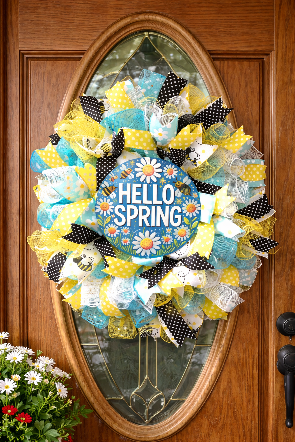 Decorative wreath with 'Hello Spring' sign on a wooden door