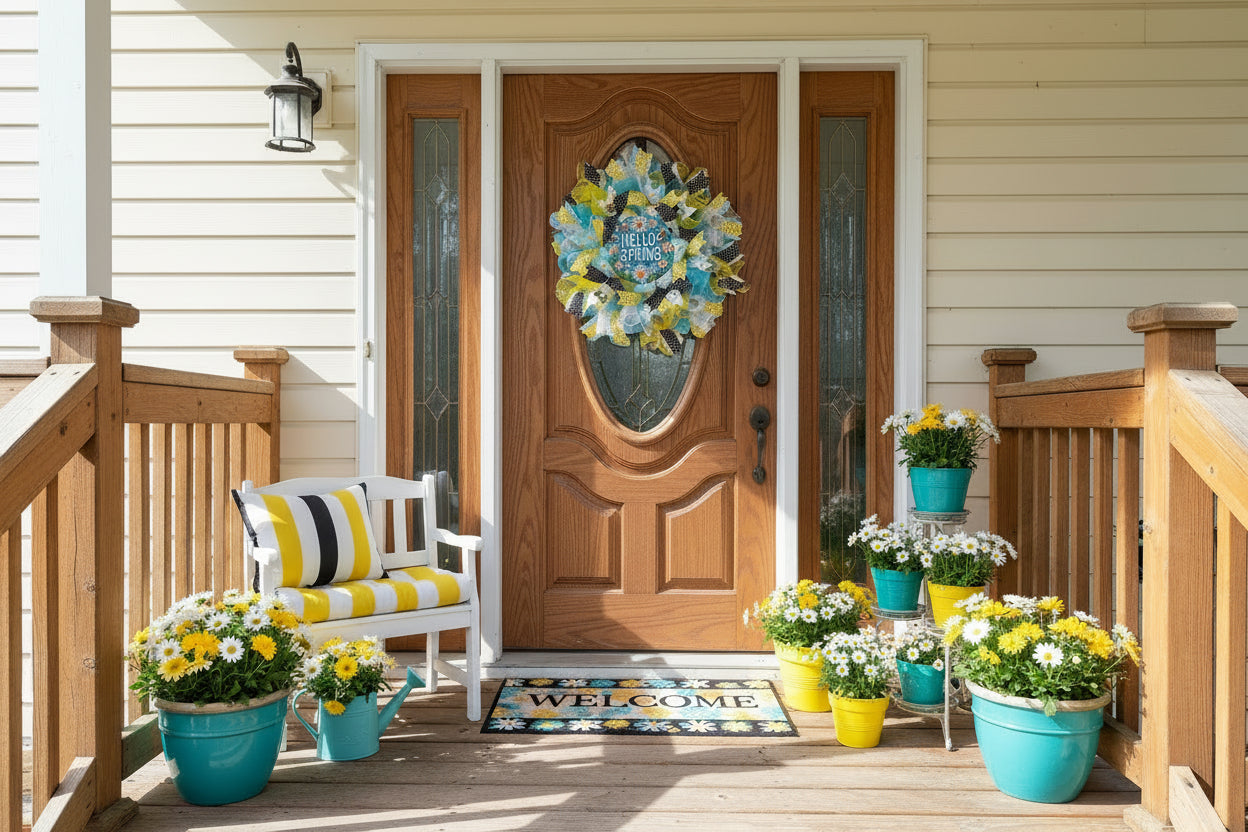 Hello Spring Bee Mesh Wreath for Front Door | Bee-themed Spring Door Decor