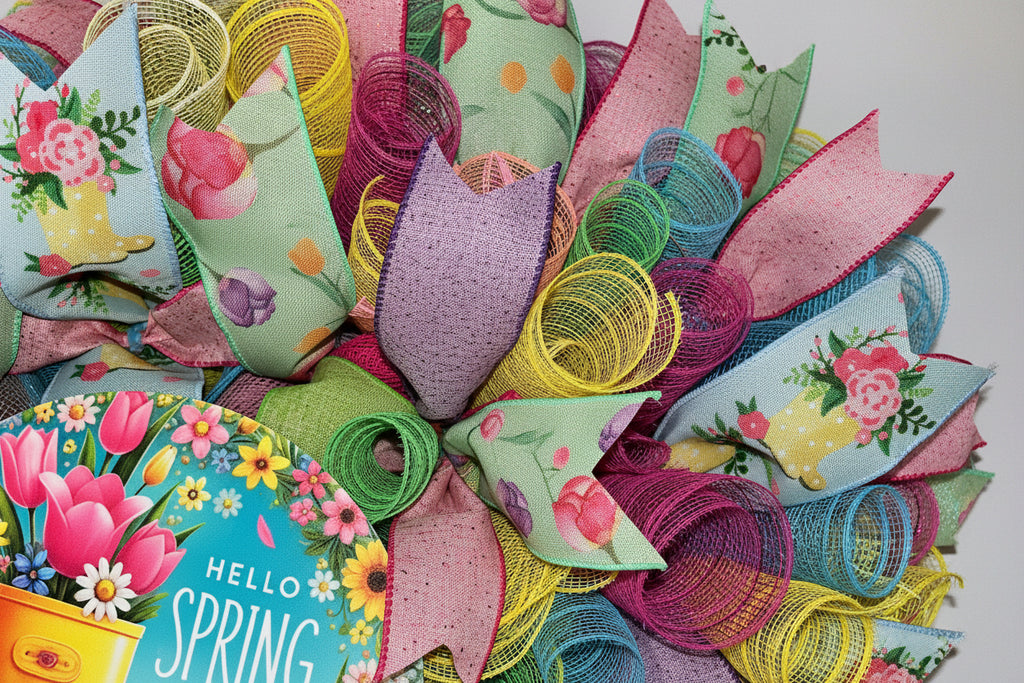 Colorful spring-themed decorative bows with floral designs and 'Hello Spring' text.