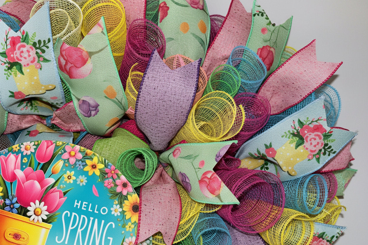 Colorful spring-themed decorative bows with floral designs and 'Hello Spring' text.