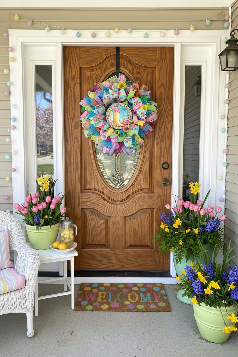 Colorful wreath with decorative elements on a wooden door