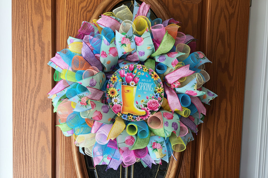 Colorful spring wreath with flowers and a boot on a wooden door