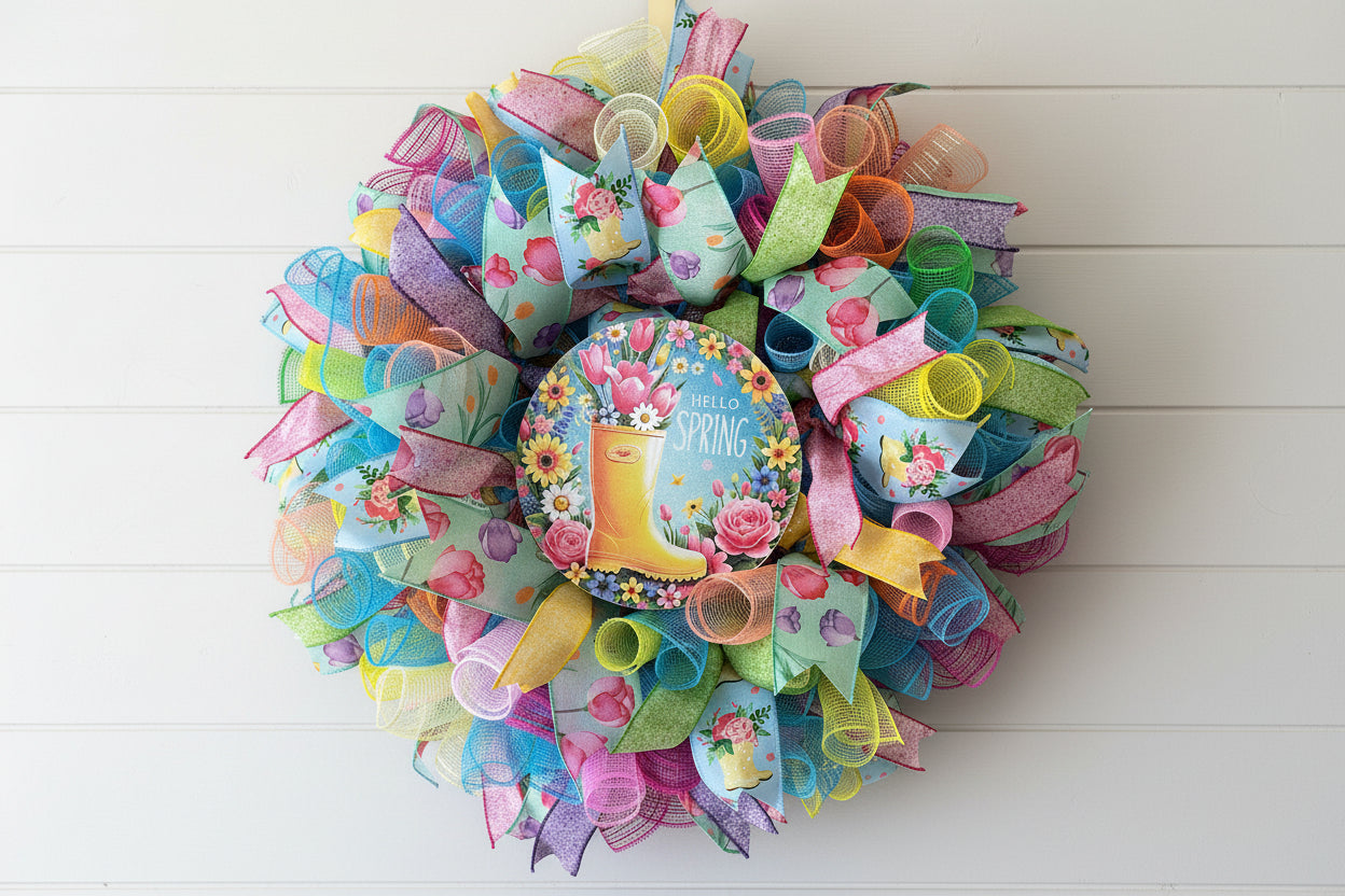 Colorful wreath with a rain boot design on a wooden door