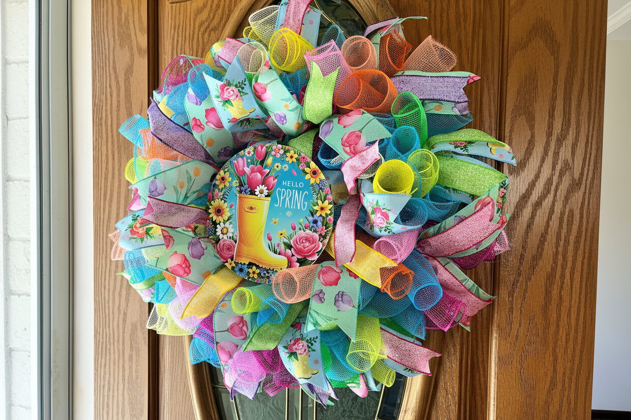 Hello Spring Colorful Mesh Wreath for Front Door | Floral Rainboot Spring Decor