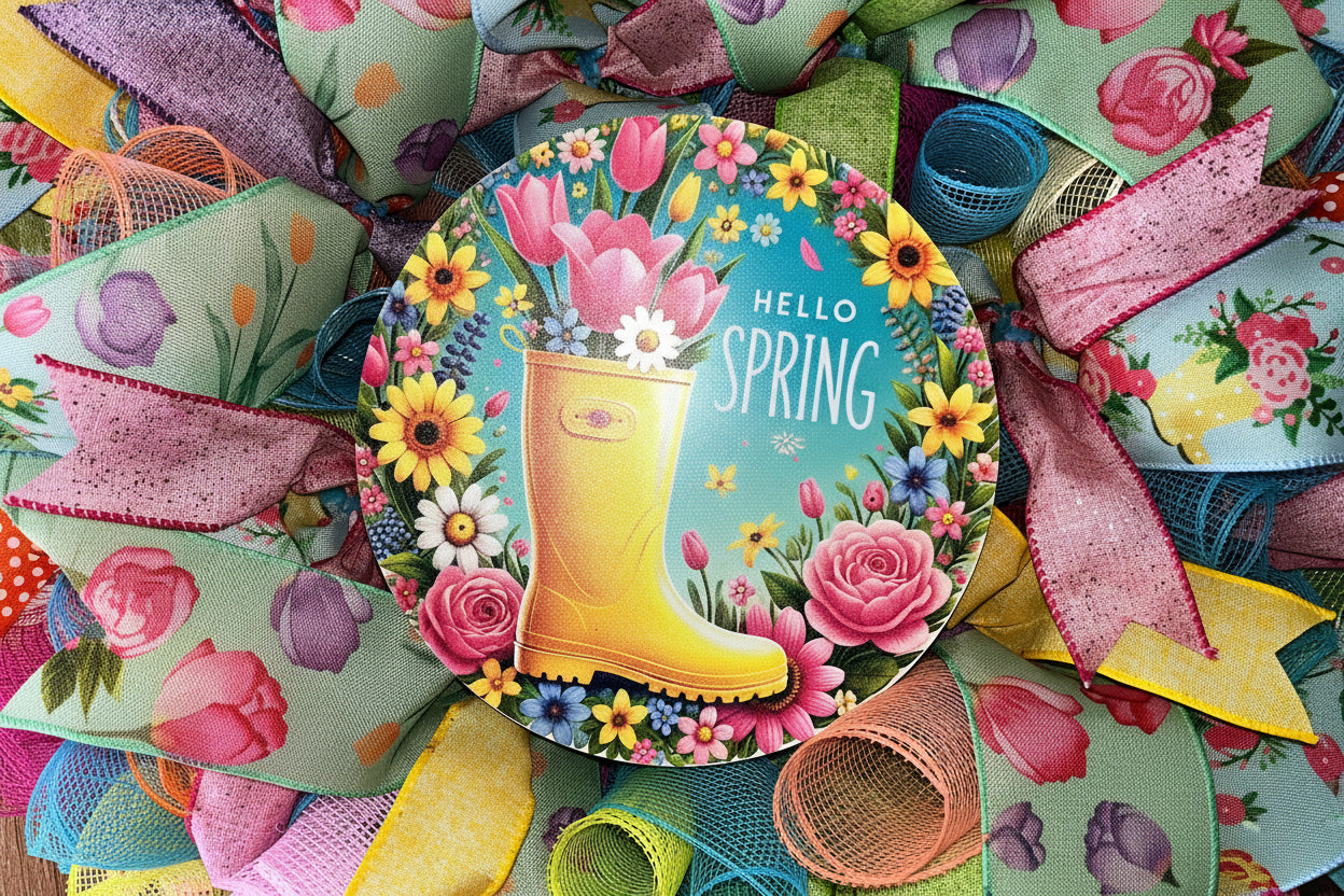 Colorful spring-themed product with a yellow boot and flowers on a textured background.
