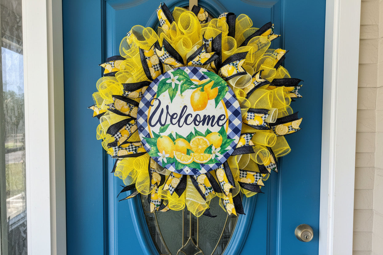 Handmade lemon wreath with bright yellow mesh and blue accents, featuring a ‘Welcome’ sign and citrus design for summer farmhouse front door decor.