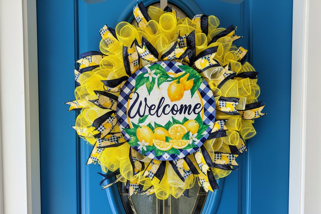 Handmade lemon wreath with bright yellow mesh and blue accents, featuring a ‘Welcome’ sign and citrus design for summer farmhouse front door decor