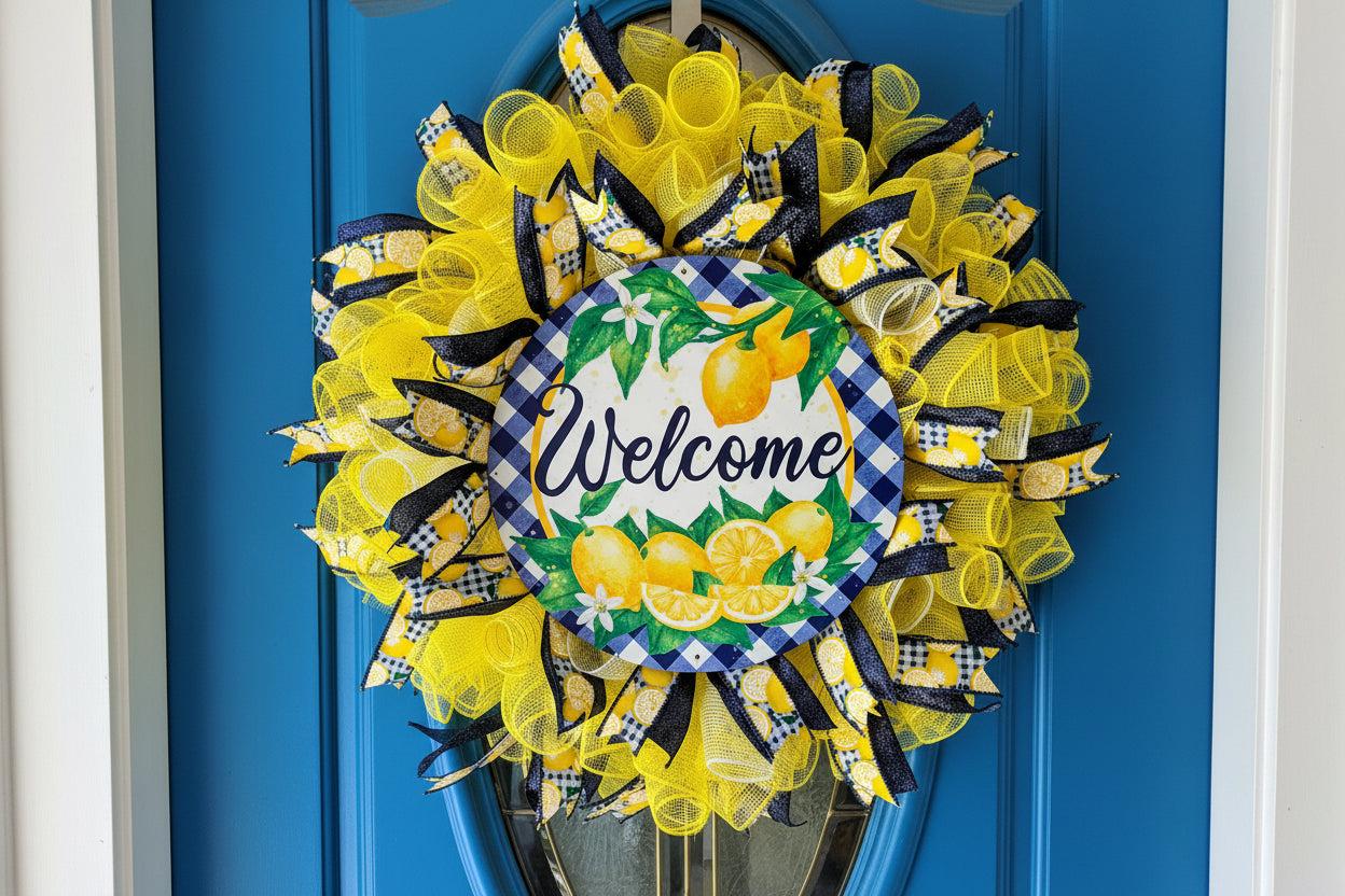 Handmade lemon wreath with bright yellow mesh and blue accents, featuring a ‘Welcome’ sign and citrus design for summer farmhouse front door decor