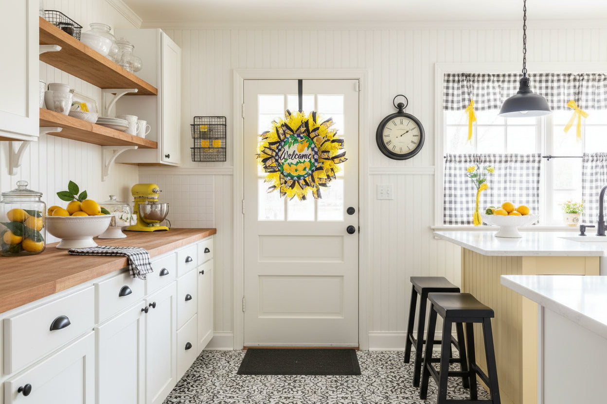 Handmade lemon wreath with bright yellow mesh and blue accents, featuring a ‘Welcome’ sign and citrus design for summer farmhouse front door decor.
