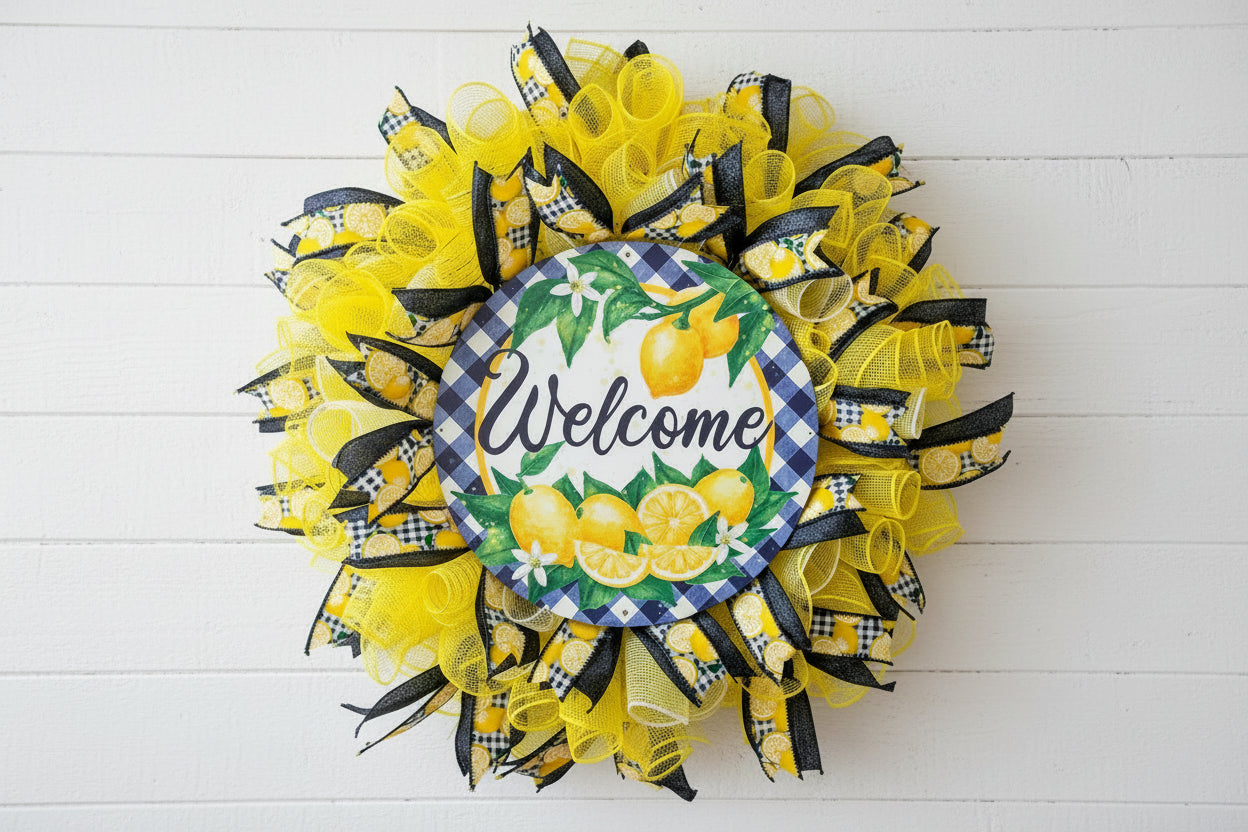 Handmade lemon wreath with bright yellow mesh and blue accents, featuring a ‘Welcome’ sign and citrus design for summer farmhouse front door decor.
