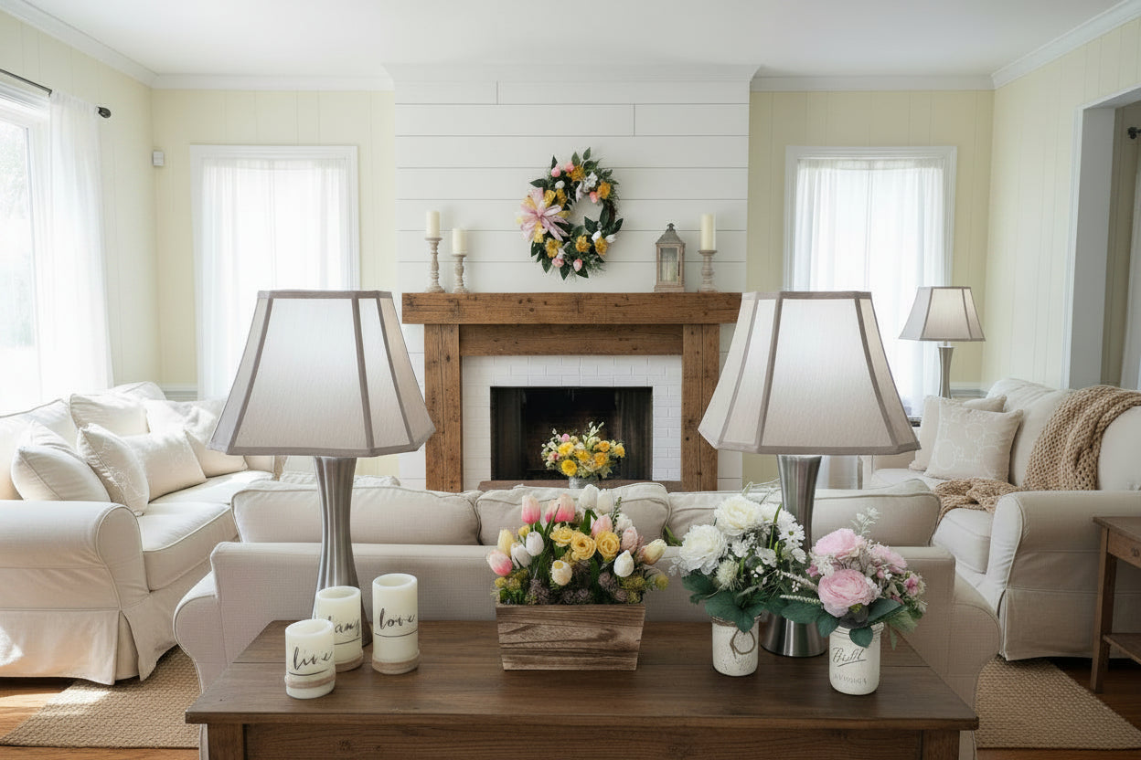 Decorative table setting with lamps, flowers, and a wreath on a checkered tablecloth.