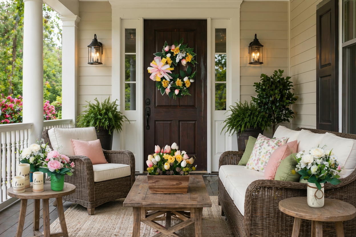 Front porch with wicker furniture, floral arrangements, and a decorative wreath on a wooden door.
