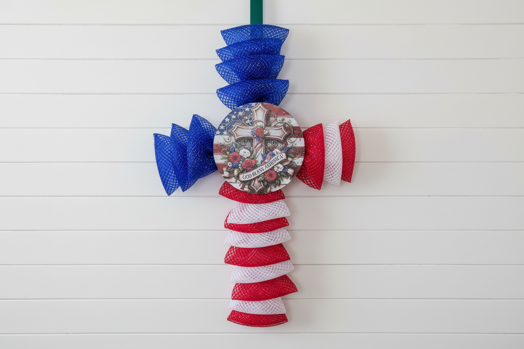 Patriotic God Bless America Cross Swag, Red White Blue Front Door Decor