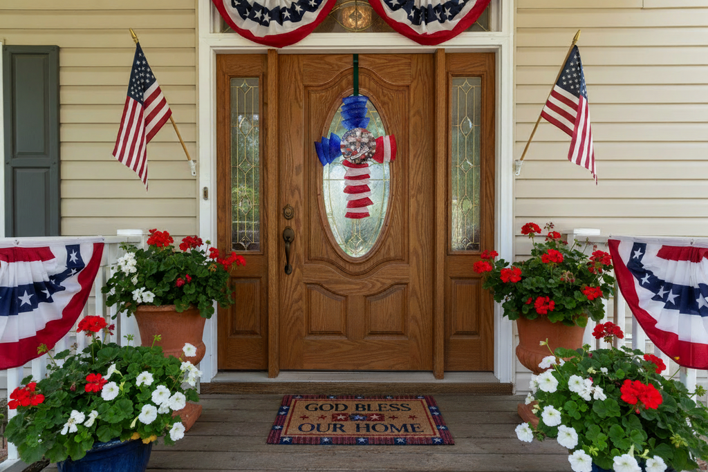 Patriotic God Bless America Cross Swag, Red White Blue Front Door Decor