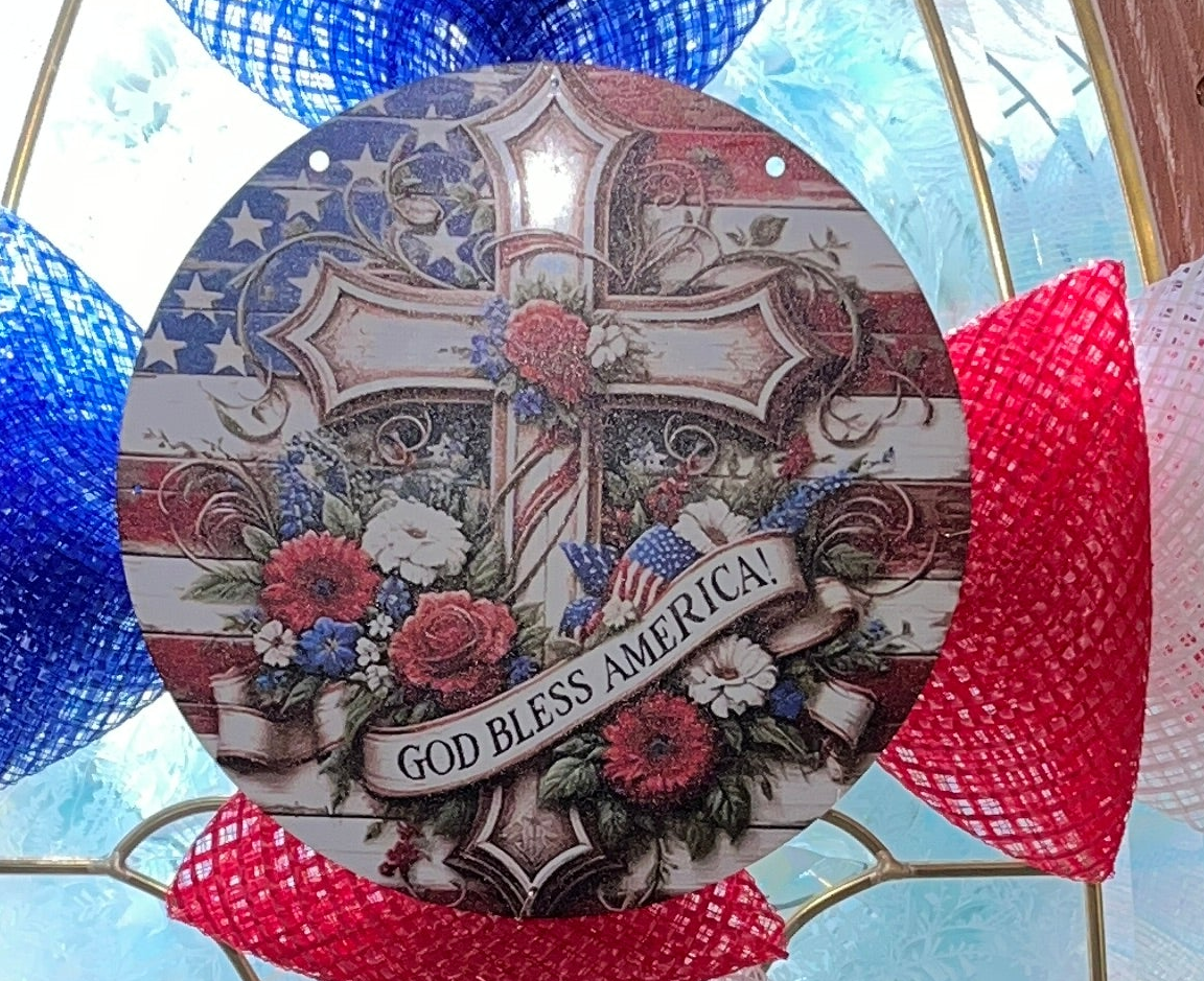 Patriotic God Bless America Cross Swag, Red White Blue Front Door Decor
