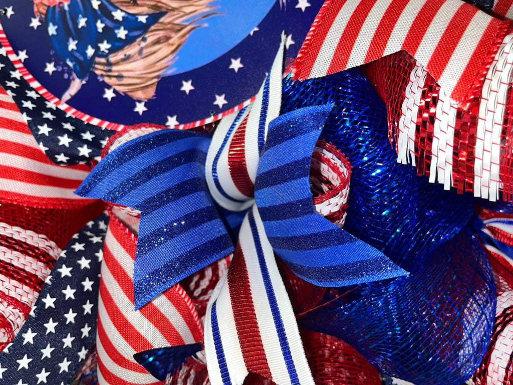 Patriotic Highland Cow Wreath, Red White Blue Farmhouse Door Decor
