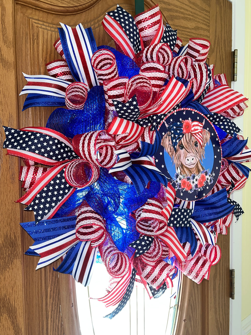 Patriotic Highland Cow Wreath, Red White Blue Farmhouse Door Decor