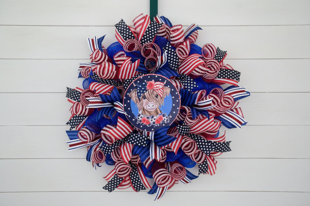 Patriotic Highland Cow Wreath, Red White Blue Farmhouse Door Decor