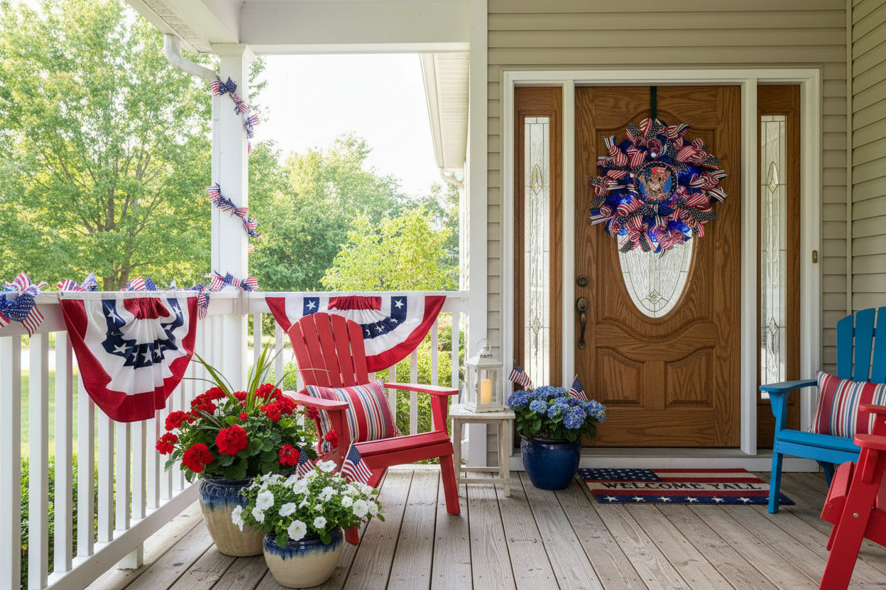 Patriotic Highland Cow Wreath, Red White Blue Farmhouse Door Decor