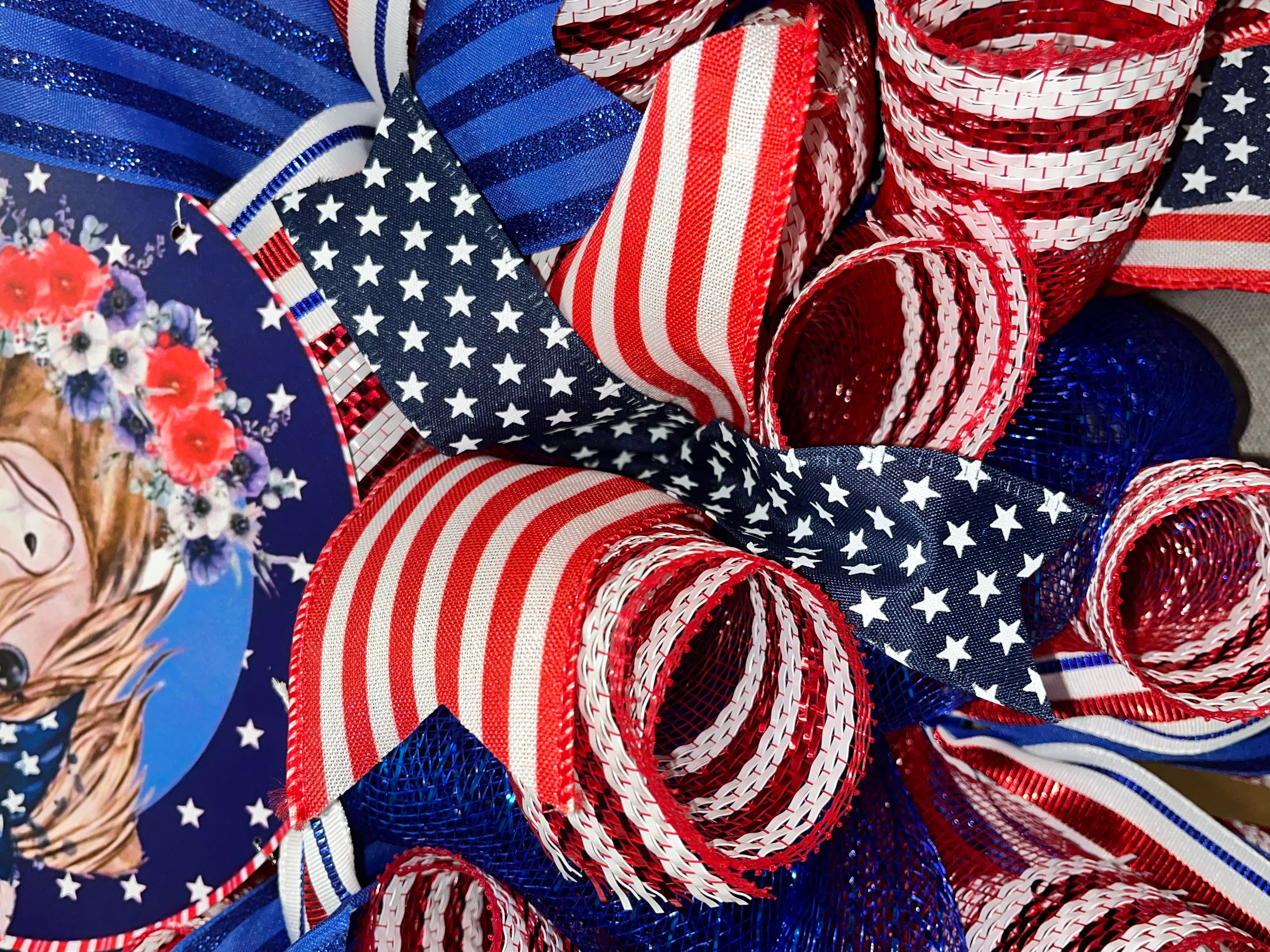 Patriotic Highland Cow Wreath, Red White Blue Farmhouse Door Decor