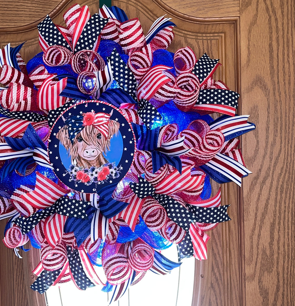 Patriotic Highland Cow Wreath, Red White Blue Farmhouse Door Decor
