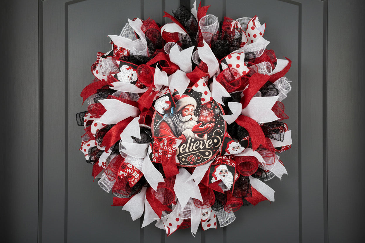 Decorative Santa Clause deco mesh Christmas wreath with red, white, and black ribbons on a plain background