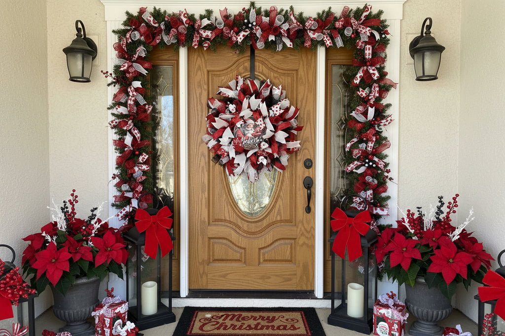 Decorative wreath with red, white, and black ribbons on a wooden door.
