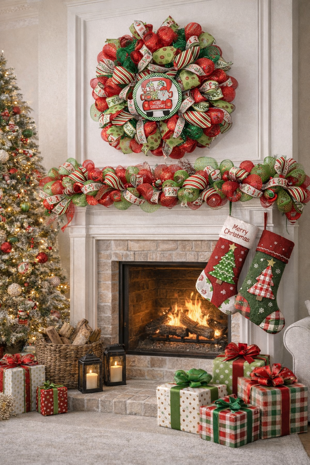 Santa Reindeer Truck Christmas Wreath for Front Door | Red Green Christmas Door Decor | Merry Christmas Wreath
