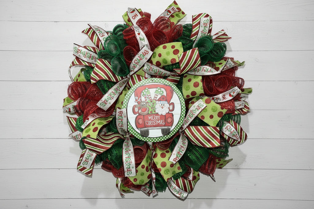 Handmade Whimsical Santa & Reindeer Truck Christmas Wreath – Festive Red & Green Door Decor
