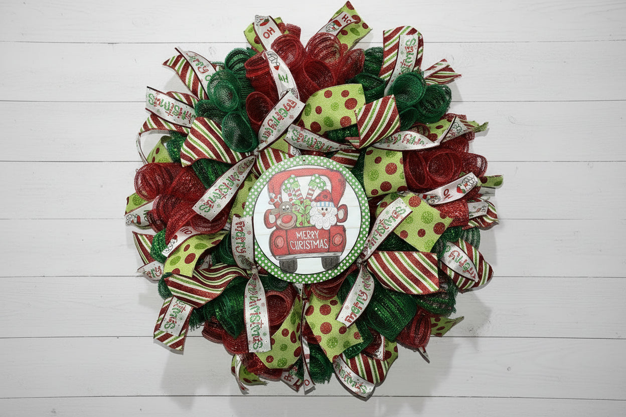 Handmade Whimsical Santa & Reindeer Truck Christmas Wreath – Festive Red & Green Door Decor