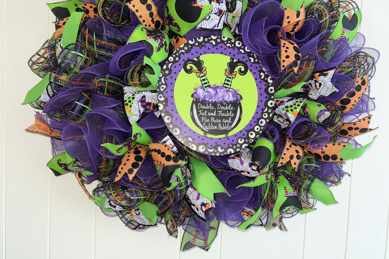 Colorful Halloween-themed wreath with purple, green, and orange decorations on a white background.