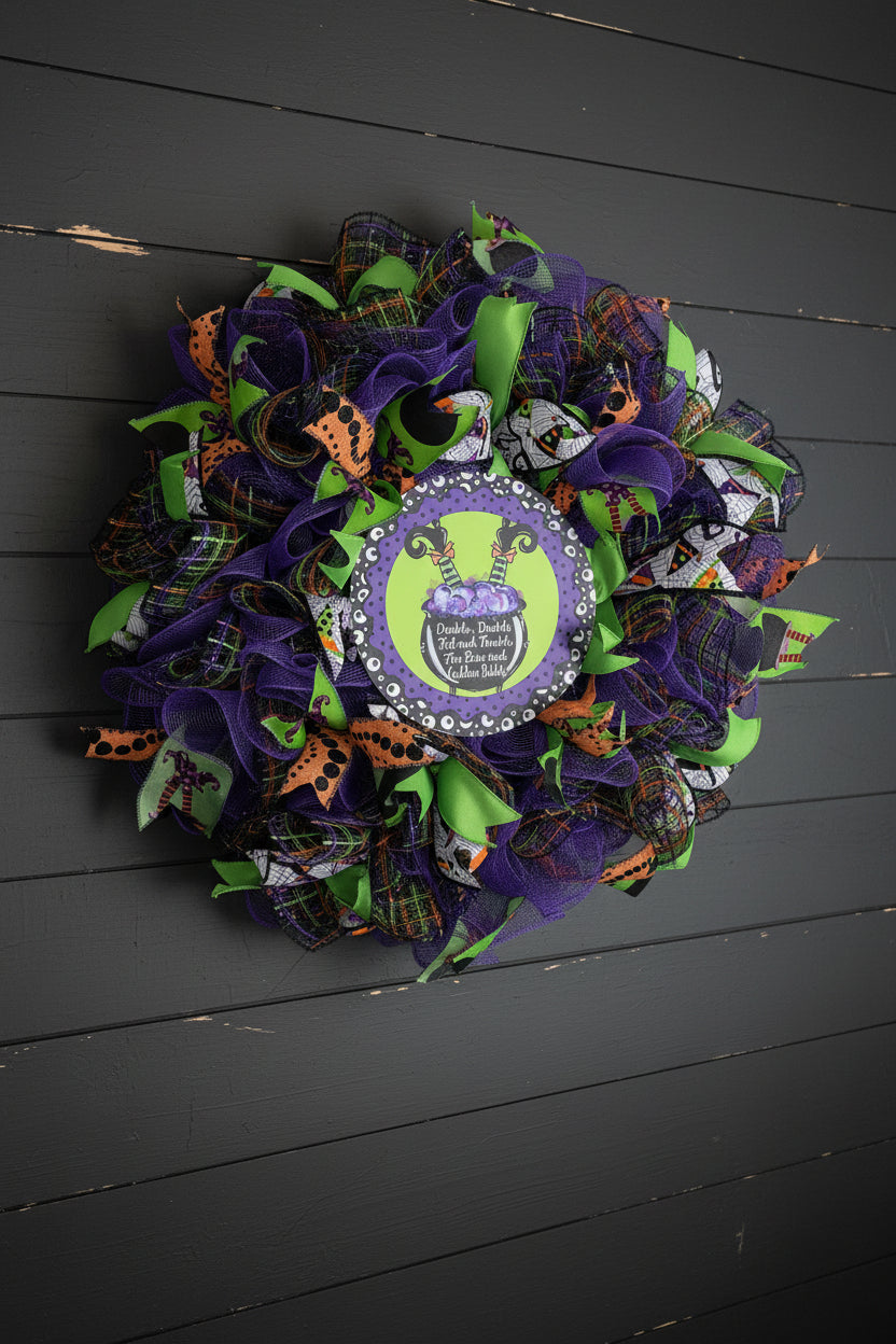 Halloween-themed decorative wreath with purple, green, and orange colors on a white background.