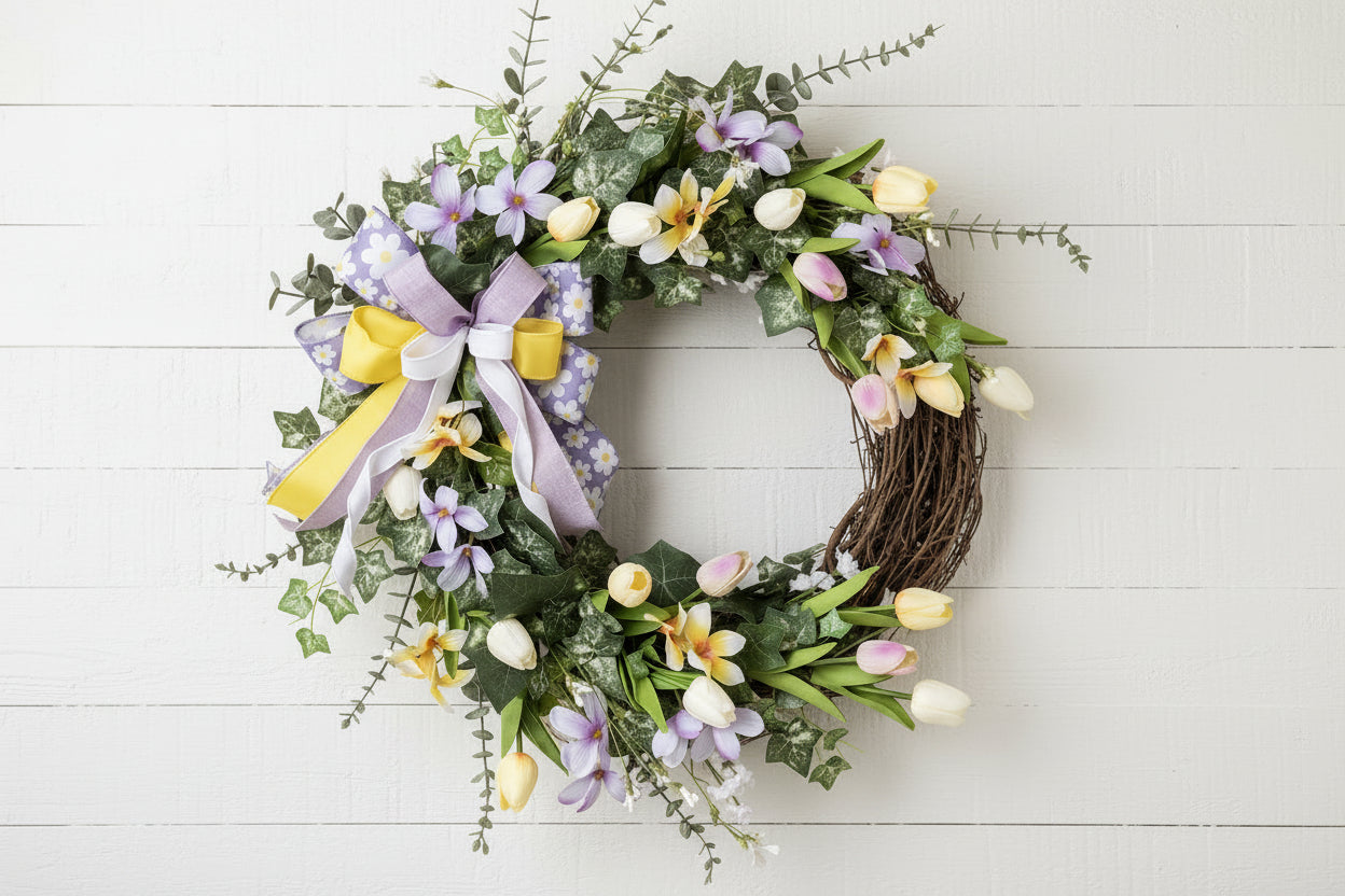 Handmade spring wreath with pastel tulips and florals in lavender, yellow, and white, featuring greenery and a decorative bow for front door decor.