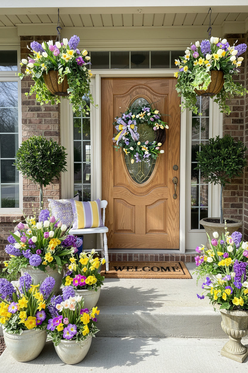 Handmade spring wreath with tulips and florals in lavender, yellow, and white, featuring greenery and a decorative bow for front door decor.