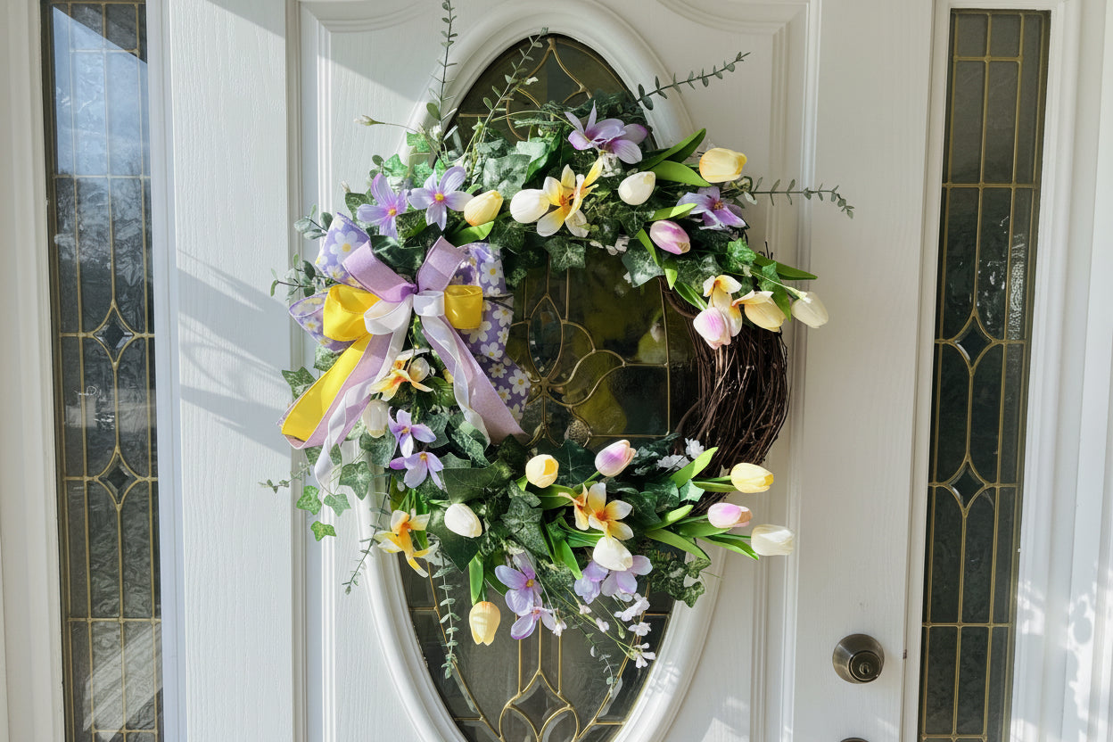 Handmade spring wreath with pastel tulips and florals in lavender, yellow, and white, featuring greenery and a decorative bow for front door decor.