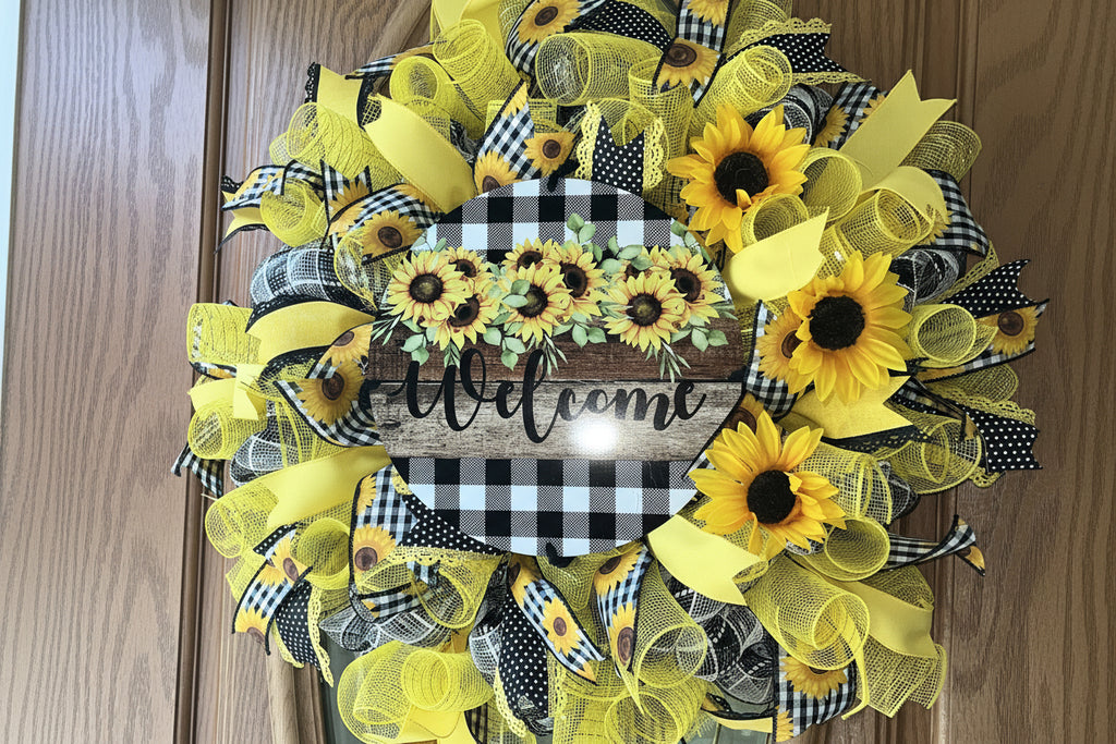 Handmade sunflower wreath with black and white buffalo check ribbon and a welcome sign, featuring bright yellow sunflowers for farmhouse front door decor.