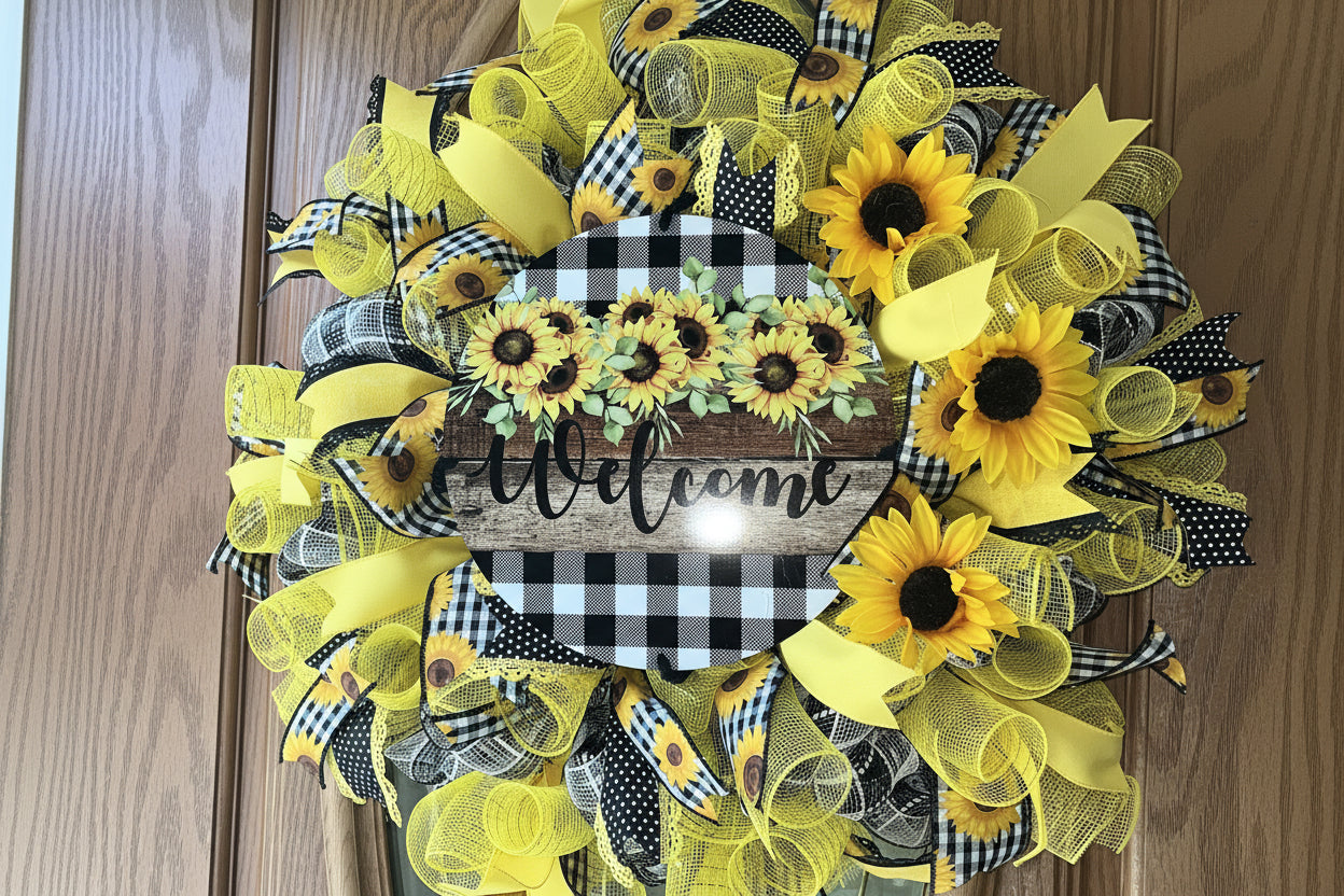 Handmade sunflower wreath with black and white buffalo check ribbon and a welcome sign, featuring bright yellow sunflowers for farmhouse front door decor.