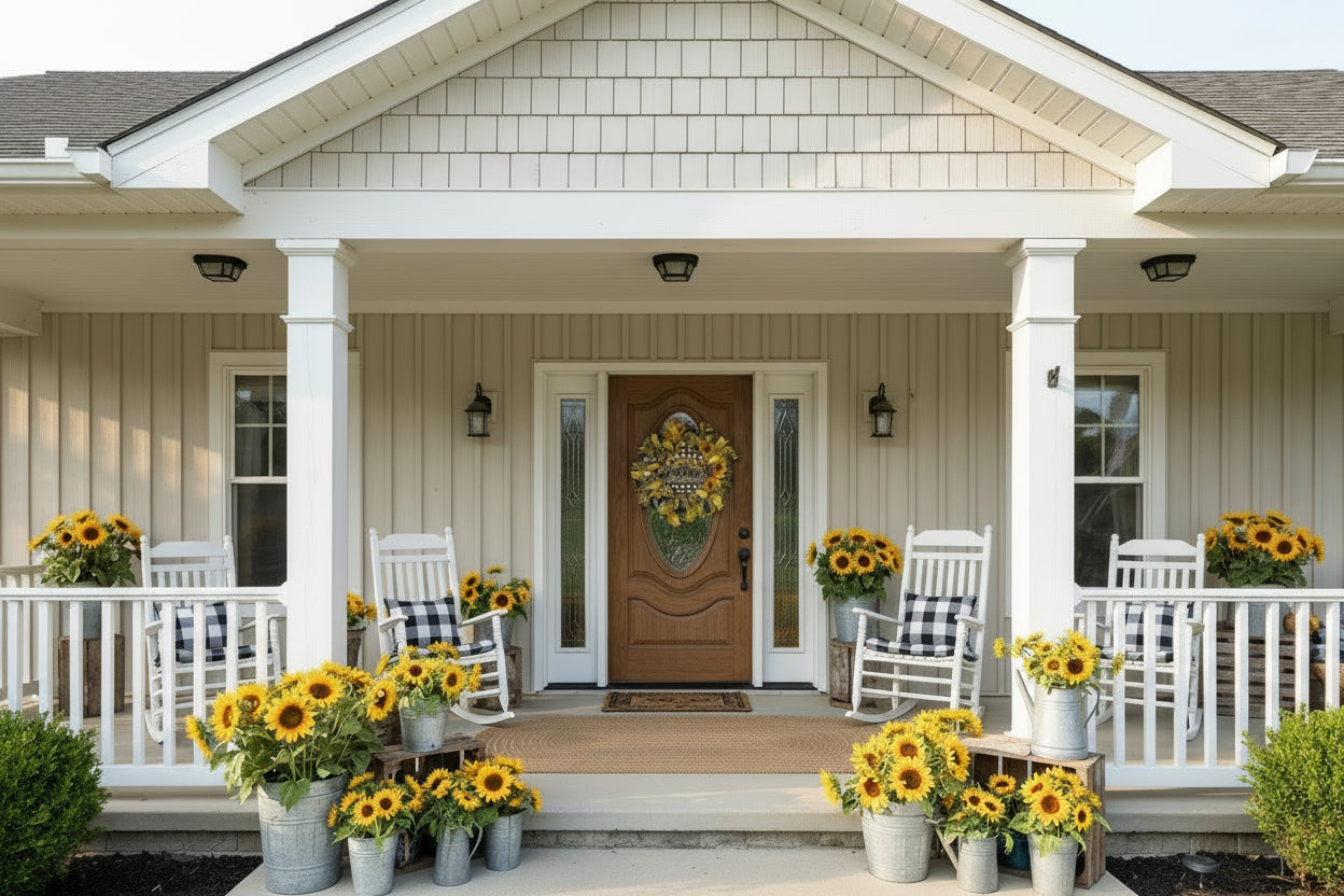 Handmade sunflower wreath with black and white buffalo check ribbon and a welcome sign, featuring bright yellow sunflowers for farmhouse front door decor.