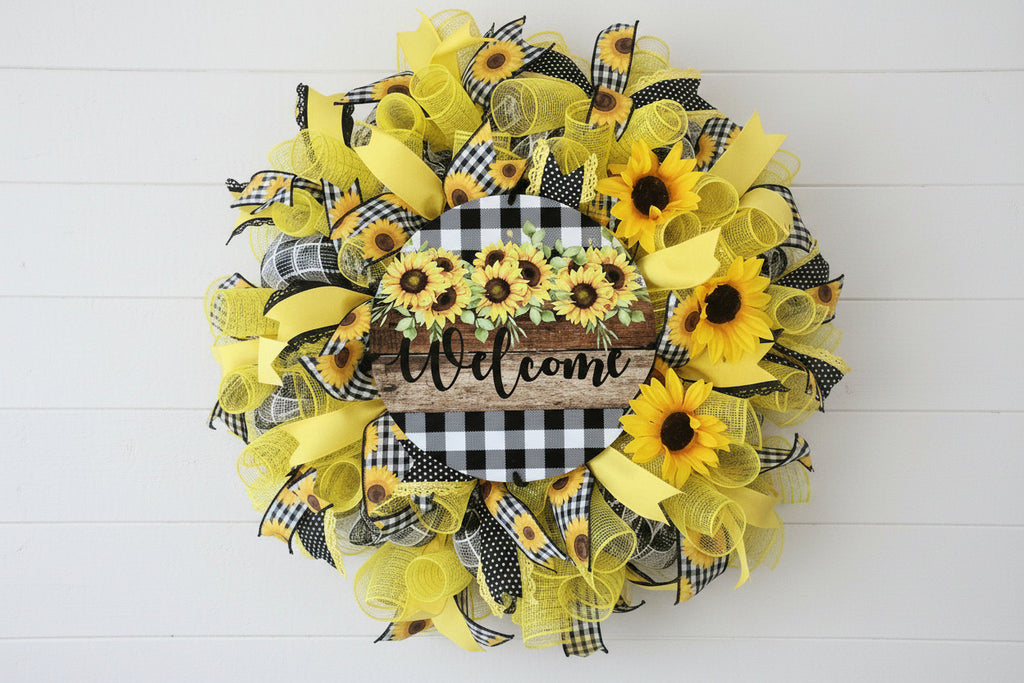 Handmade sunflower wreath with black and white buffalo check ribbon and a welcome sign, featuring bright yellow sunflowers for farmhouse front door decor.