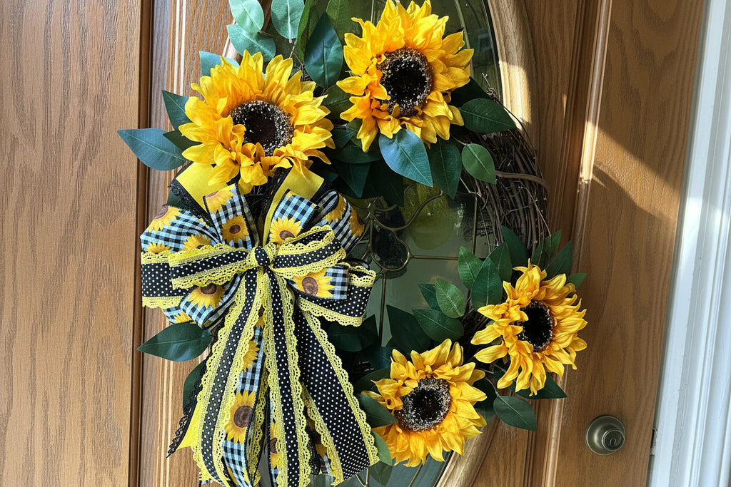 Handmade sunflower wreath with bright yellow sunflowers, greenery, and a black and yellow buffalo check bow for farmhouse summer front door decor.