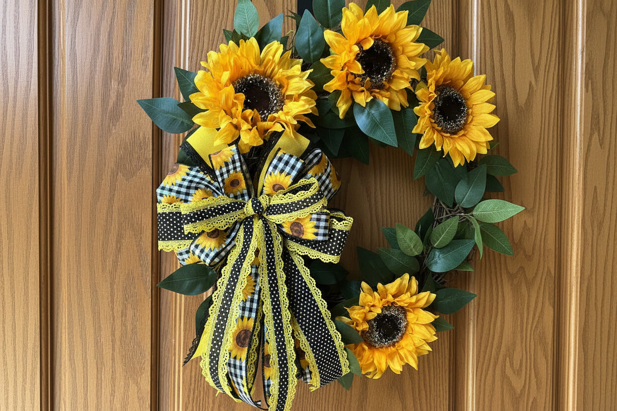 Handmade sunflower wreath with bright yellow sunflowers, greenery, and a black and yellow buffalo check bow for farmhouse summer front door decor.