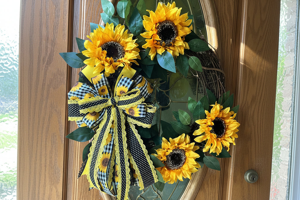 Handmade sunflower wreath with bright yellow sunflowers, greenery, and a black and yellow buffalo check bow for farmhouse summer front door decor.